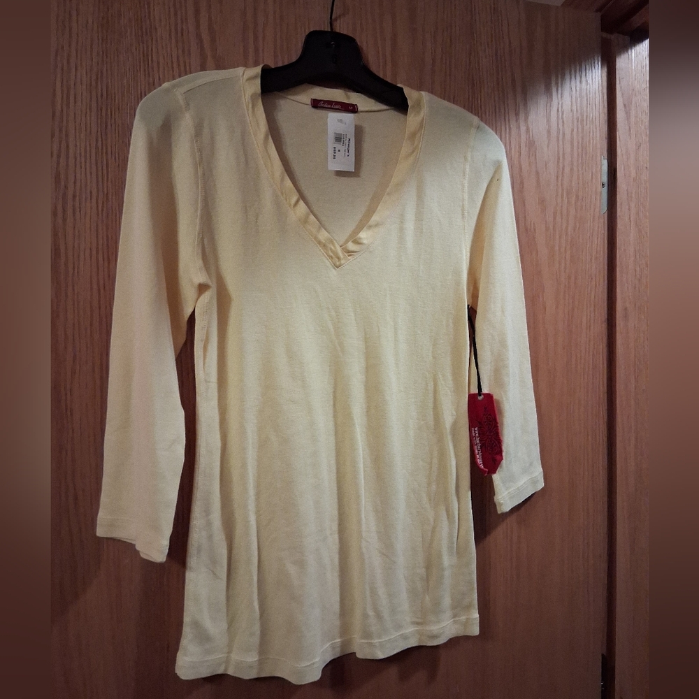 Barbara Lesser Long Sleeve T-Shirt Vneck Satin Ribbon Trim, 27 Long, 15 Armp-arm